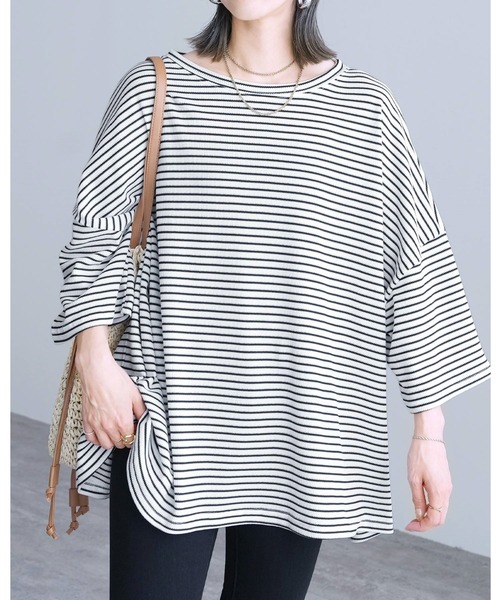 tシャツ 無地/ボーダー柄 ワッフルボックスワイドTシャツ レディース