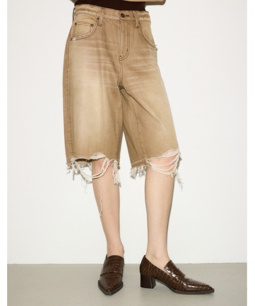 THROW RIPPED HALF DENIM PTハーフデニムパンツ ブラウン THROW by SLY ジーンズ デニム デニムパンツ RIPPED HALF DENIM