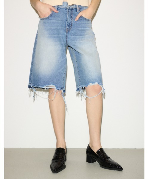 SLY デニムパンツ ハーフパンツ THROW by SLY ジーンズ デニム デニムパンツ RIPPED HALF DENIM