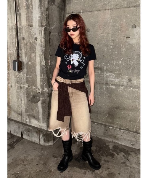 THROW RIPPED HALF DENIM PTハーフデニムパンツ ブラウン THROW by SLY ジーンズ デニム デニムパンツ RIPPED HALF DENIM