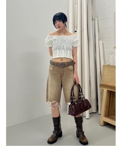 THROW RIPPED HALF DENIM PTハーフデニムパンツ ブラウン THROW by SLY ジーンズ デニム デニムパンツ RIPPED HALF DENIM