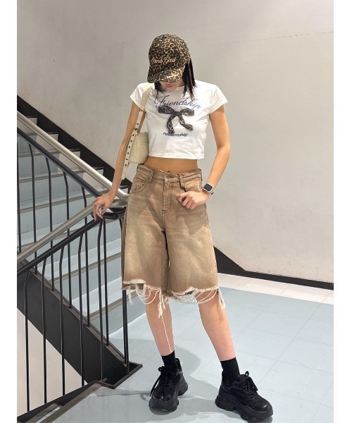 THROW RIPPED HALF DENIM PTハーフデニムパンツ ブラウン THROW by SLY ジーンズ デニム デニムパンツ RIPPED HALF DENIM