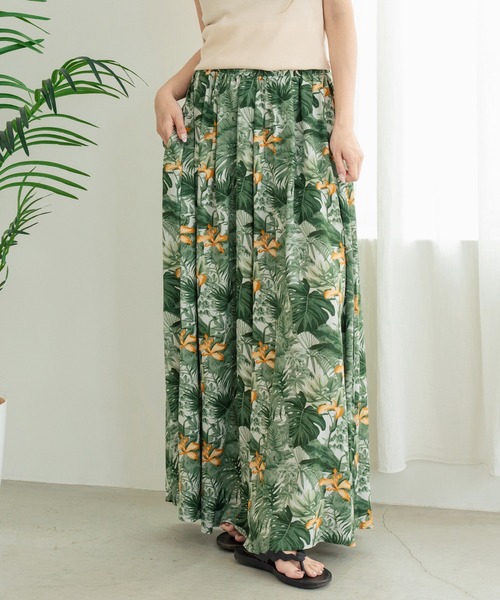 anap mimpi スカート ボタニカル柄 レーヨン タック フレア ロング