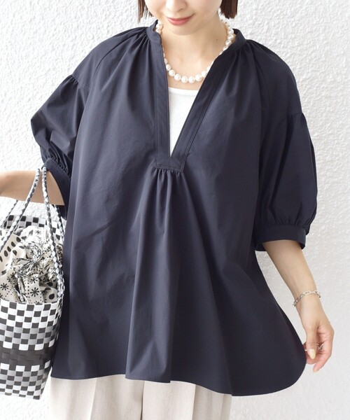 ブラウス シャツ 「接触冷感 / 撥水加工」TEX BRID(R)タフタ スキッパー 5分袖 ブラウス レディース