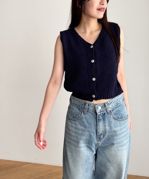 ベスト ジレ El mar　コットンクロップドボタンベスト レディース