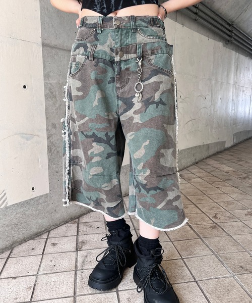 ハーフパンツ パンツ カモフラフリンジダブルウエストハーフパンツ