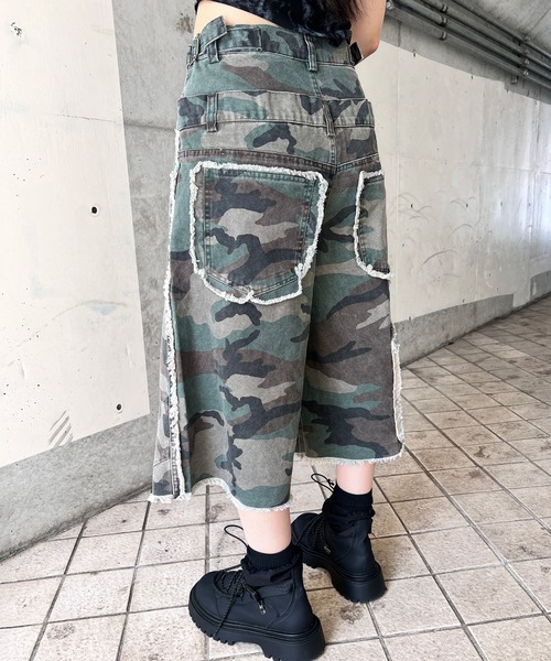 パンツ カモフラフリンジダブルウエストハーフパンツ レディース