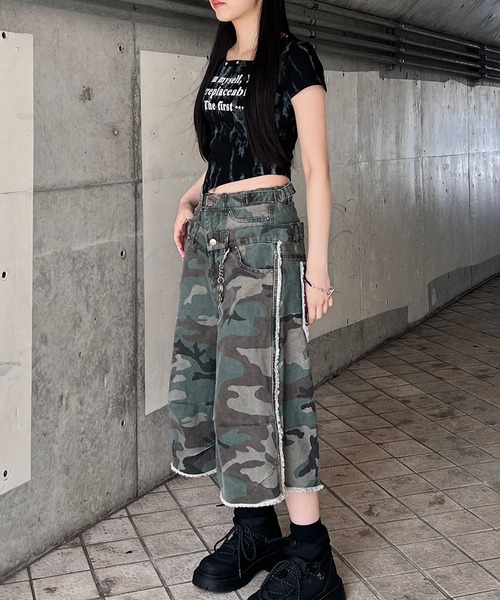 パンツ カモフラフリンジダブルウエストハーフパンツ レディース