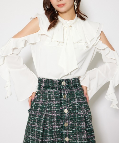 ブラウス シャツ フリルスリーブビッグカラーリボンブラウス 秋服 レディース