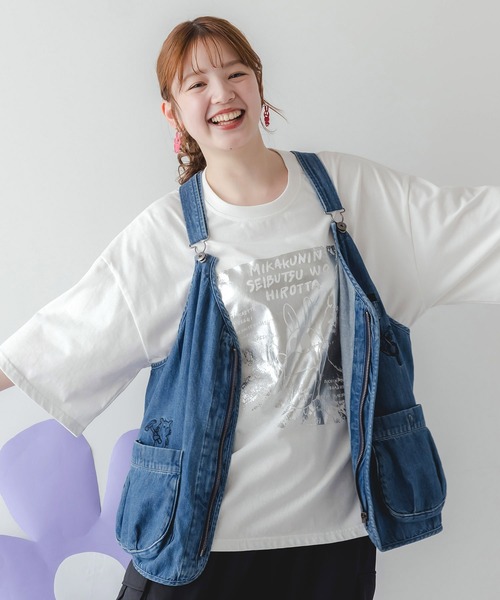 ベスト ジレ 352133：ワークテイスト刺繍 デニムベスト レディース メンズ