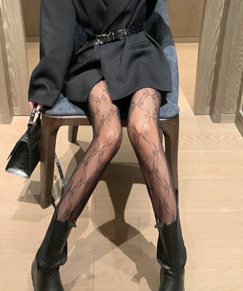 ブラックタイツ　紫リボン Amazon | M＆YFASHION リボンブラックストッキング