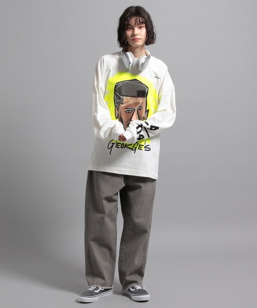 「GEORGE'S」 長袖Tシャツ MEDIUM ホワイト×パープル メンズ_画像9