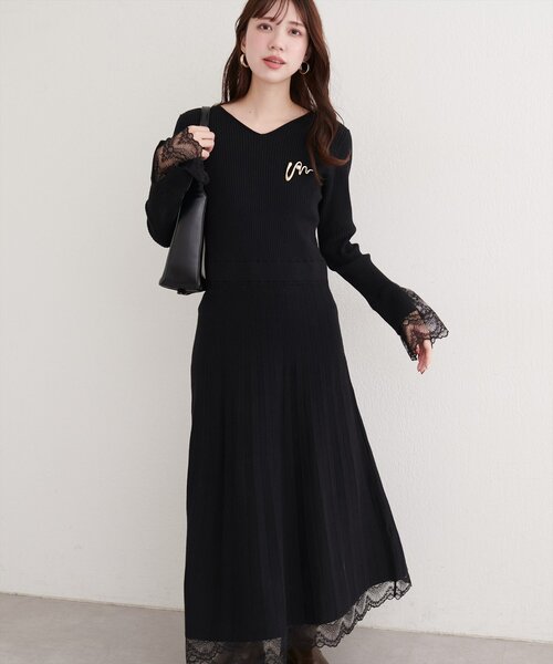 natural couture ワンピース 袖口レースニットワンピース : ZOZOTOWN