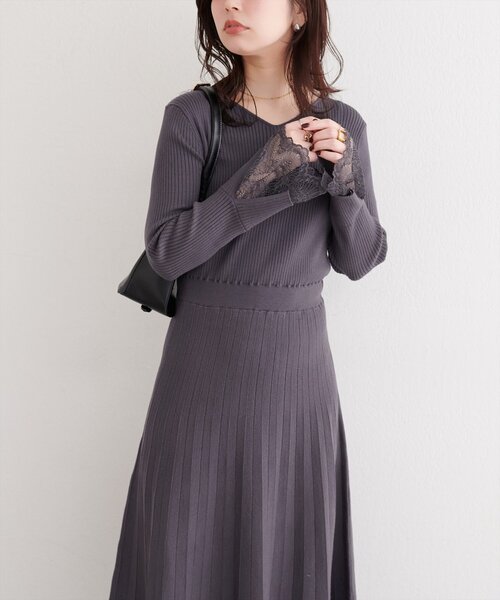 natural couture ワンピース 袖口レースニットワンピース : ZOZOTOWN