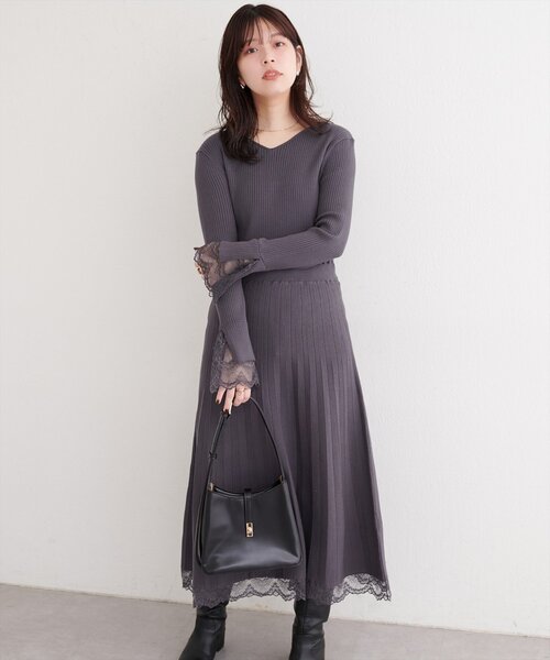 natural couture ワンピース 袖口レースニットワンピース : ZOZOTOWN