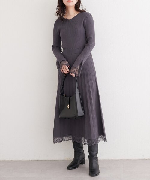 natural couture ワンピース 袖口レースニットワンピース : ZOZOTOWN