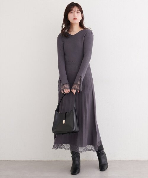 natural couture ワンピース 袖口レースニットワンピース : ZOZOTOWN