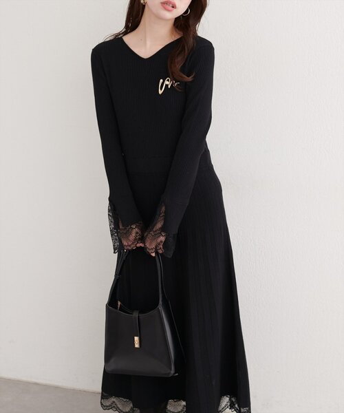 natural couture ワンピース 袖口レースニットワンピース : ZOZOTOWN