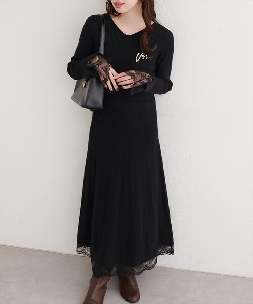 natural couture ワンピース 袖口レースニットワンピース : ZOZOTOWN