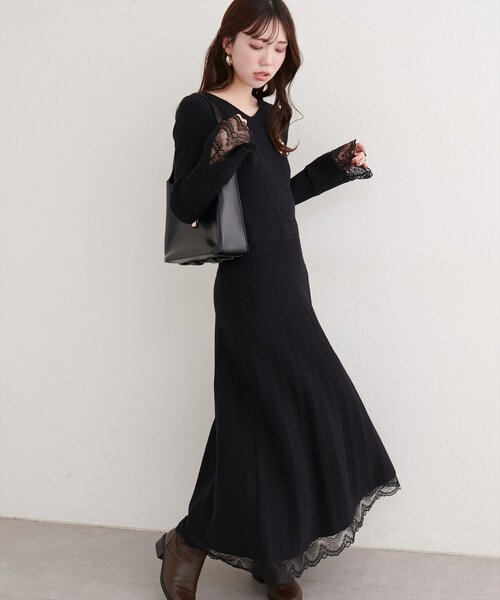 natural couture ワンピース 袖口レースニットワンピース : ZOZOTOWN