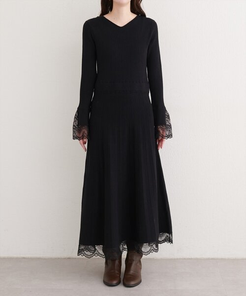 natural couture ワンピース 袖口レースニットワンピース : ZOZOTOWN