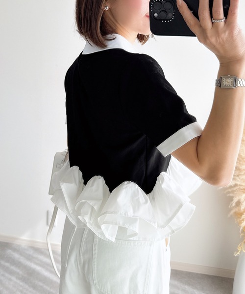 ノスタルジア　ショルダーフリルペプラムトップス　白黒 ルイルエブティック RUIRUE BOUTIQUE 洗える ｜ ショルダー フリル
