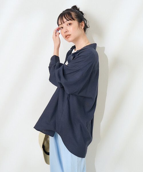 リネン 濃紺 ふんわり袖のプルオーバー チュニック フリーサイズ