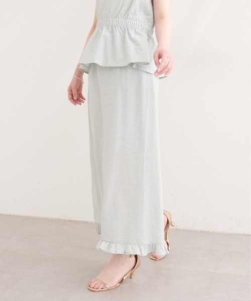 新品✨CLOTH&CROSS リネンコットンフレアスカート　裾フリル　ゆったり natural couture ロング スカート 裾フリルチェック柄スカート