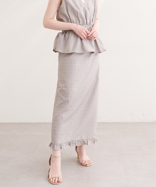 natural couture ロング スカート 裾フリルチェック柄スカート