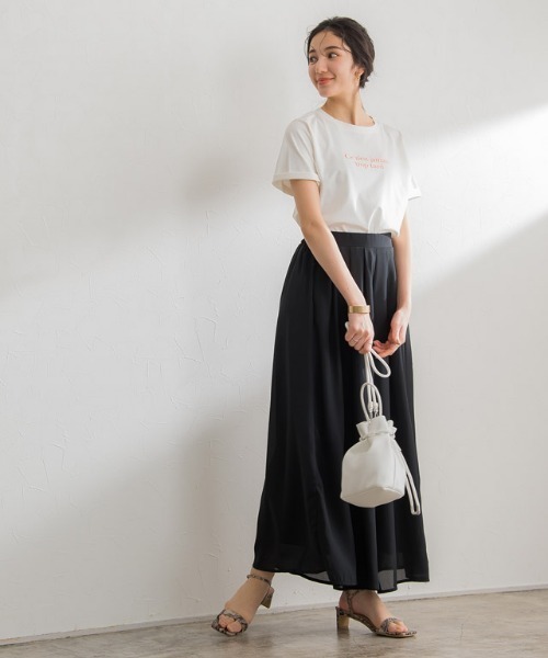 パンツ 裏地付きシフォンタックフレアパンツ ロング丈 レディース