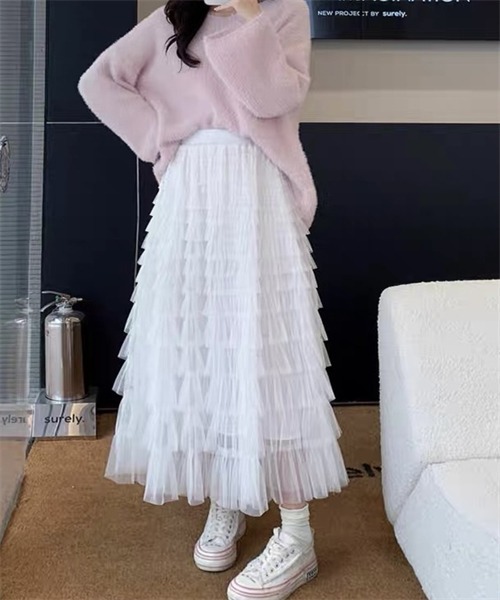 ソフトチュールボリュームロングスカート チュールスカート ボリューム 三重チュール ふんわり ロング