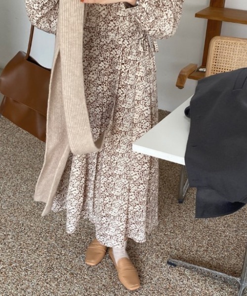 sorule ワンピース クルーネックサイドリボン花柄ワンピース