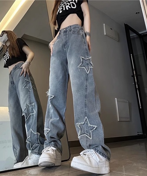 ワイドパンツ ジーンズ スターモチーフ Y2K ワイドデニムパンツ メンズ