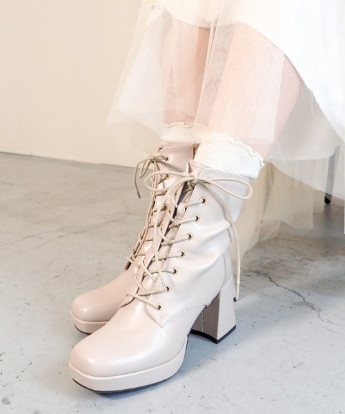 by あしながおじさん 晴雨兼用 レースアップブーツ 8980749 厚底 ショートブーツ 編み上げブーツ 秋冬 靴 byあしながおじさん ブーツ 晴雨兼用│厚底レースアップブーツ 8980749