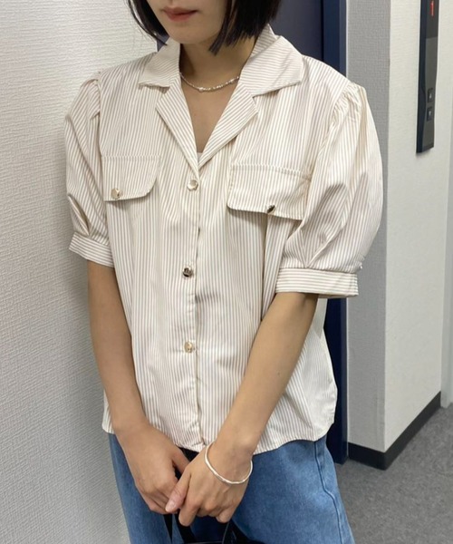 ブラウス シャツ フレンチパフスリーブストライプシャツ