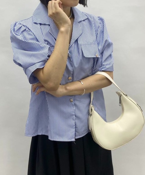 ブラウス シャツ 半袖 フレンチパフスリーブストライプシャツ