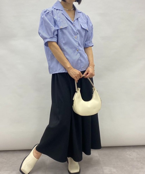 ブラウス シャツ フレンチパフスリーブストライプシャツ