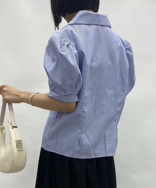 ブラウス シャツ フレンチパフスリーブストライプシャツ