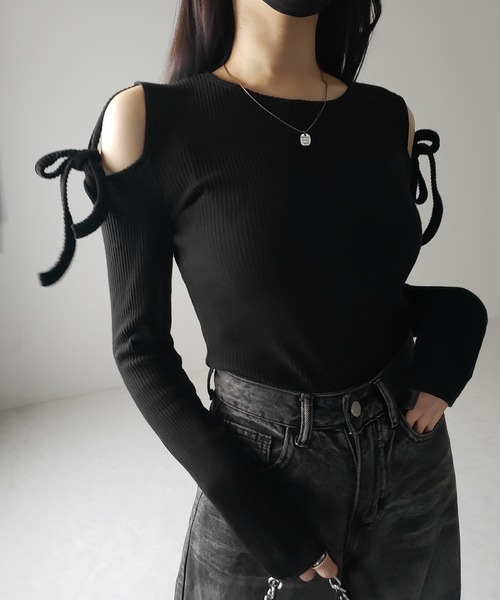 トップス JILTU ribbon tee black セール】CUTTING RIBBON TOPS/カッティングリボントップス（T