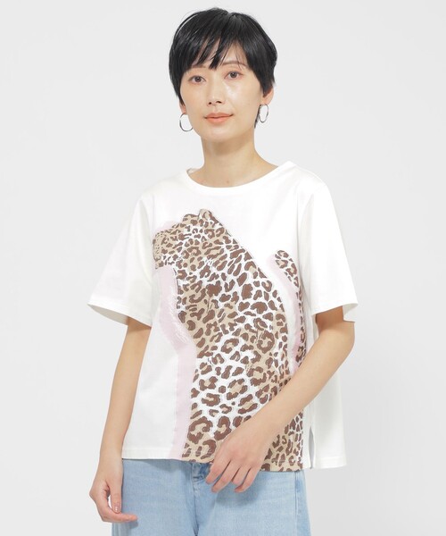 tシャツ 「カタログ掲載品」「ウォッシャブル」パンサーモチーフジャカードカットソー レディース