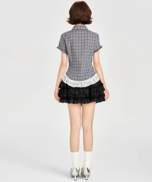 ブラウス シャツ チェック柄 フリルヘム 襟付き半袖シャツ GH25s096「Girlyhalo」 レディース c.u.l ブラウス シャツ チェック柄 フリルヘム 襟付き半袖シャツ