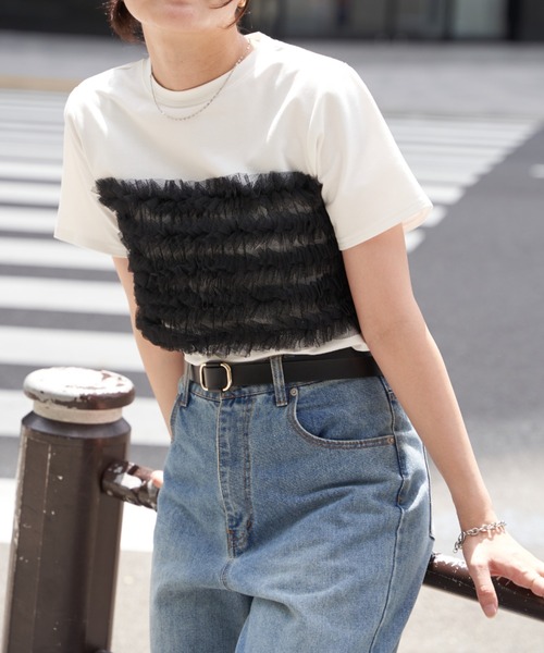 VENCE EXCHANGE tシャツ 天竺チュールフリルビスチェ見えTシャツ
