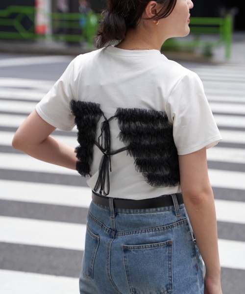 VENCE EXCHANGE tシャツ 天竺チュールフリルビスチェ見えTシャツ
