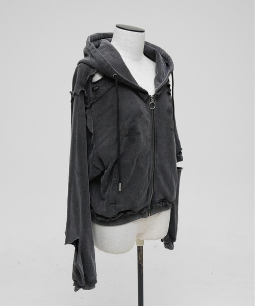 REFLEM ブラック×シルバージップフーディー セール】『REFLEM/レフレム』継ぎ接ぎベルト付きハイネックZIPパーカー