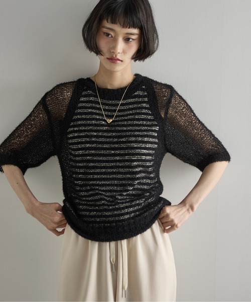 「THE YOn」 ノースリーブニット FREE ブラック×ホワイト レディース_画像5