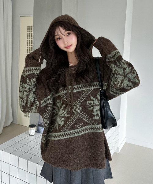 秋冬ニット出品.オーダー休止のお知らせ Ada. ニット セーター 26AW（秋冬）フード付き ノルディック プル