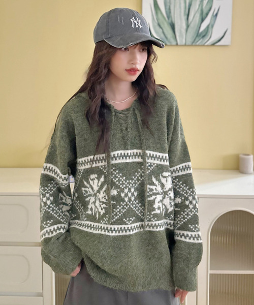 ニット セーター 「Good Riddance」フード付き ノルディック プル