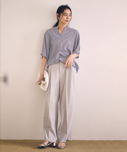 「COMME CA ISM」 半袖ブラウス FREE ホワイト×ネイビー レディース_画像2