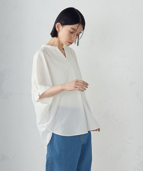 「COMME CA ISM」 半袖ブラウス FREE ホワイト×ネイビー レディース_画像6