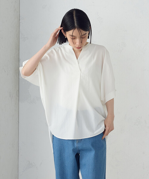 「COMME CA ISM」 半袖ブラウス FREE ホワイト×ネイビー レディース_画像7